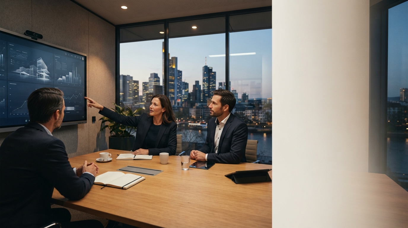ZemantraKI Arbeitsplatz mit Blick auf eine Skyline und Laptop-Dashboard mit Analysedaten